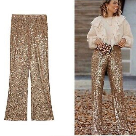 Zara Pants - Zara Gold Sequin Wide Leg Trousers